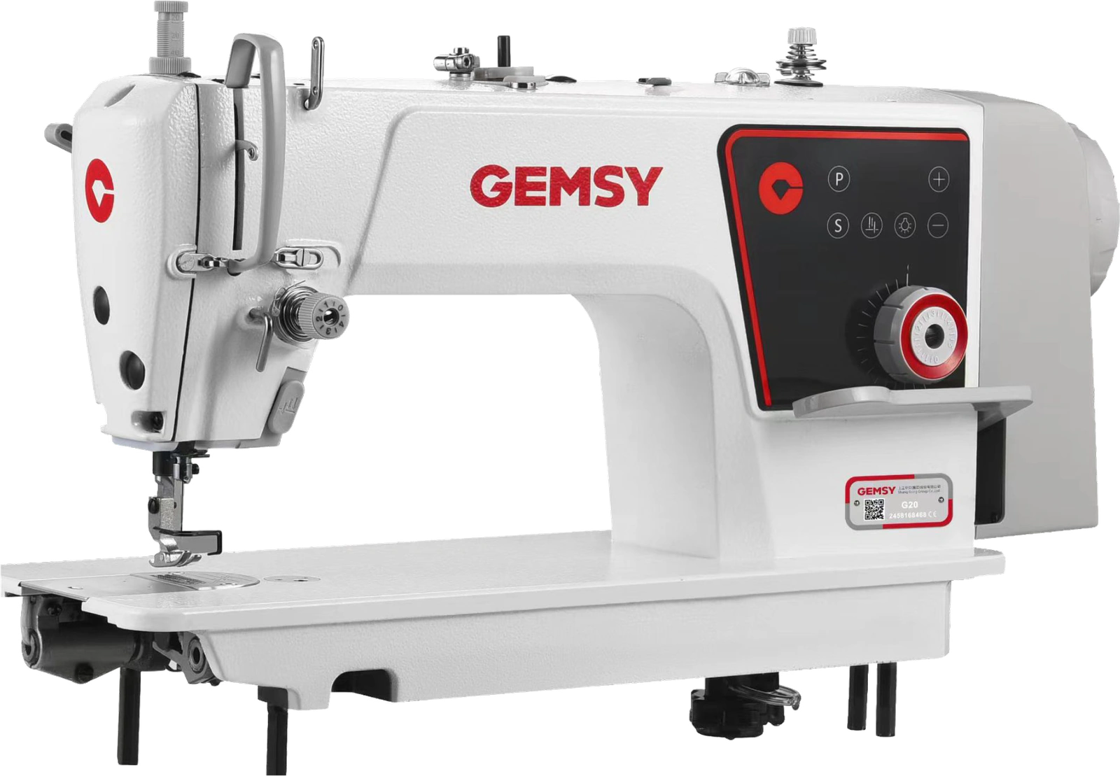 Máquina recta industrial inteligente GEMSY G20, blanca con panel negro y detalles rojos